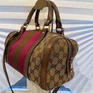 Gucci Monogram Satchel with Brown Leather and Pink Stripe